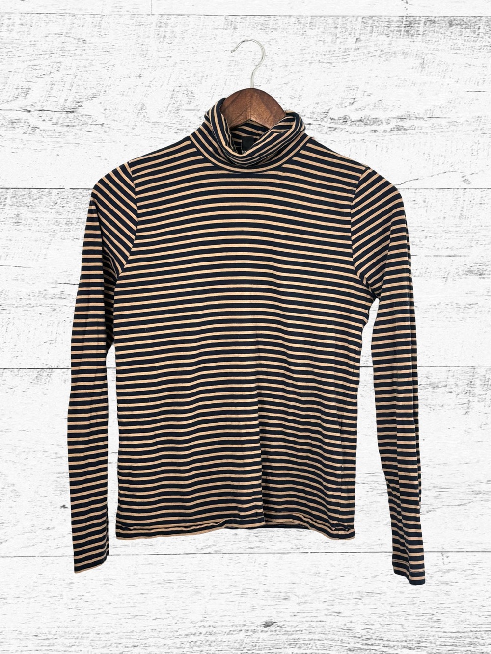 J. Crew Blue and Tan Striped Turtleneck Sweater